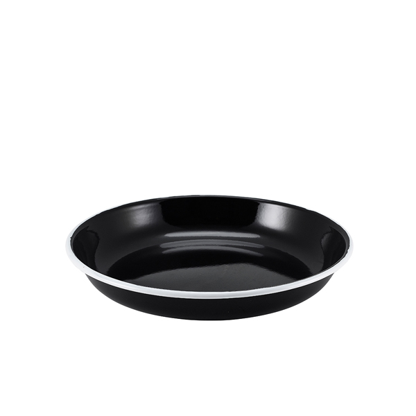 Assiette creuse en émail / assiette à pâtes, noire avec bord blanc - 24 cm Assiette creuse en émail / assiette à pâtes, noire avec bord blanc - 24 cm