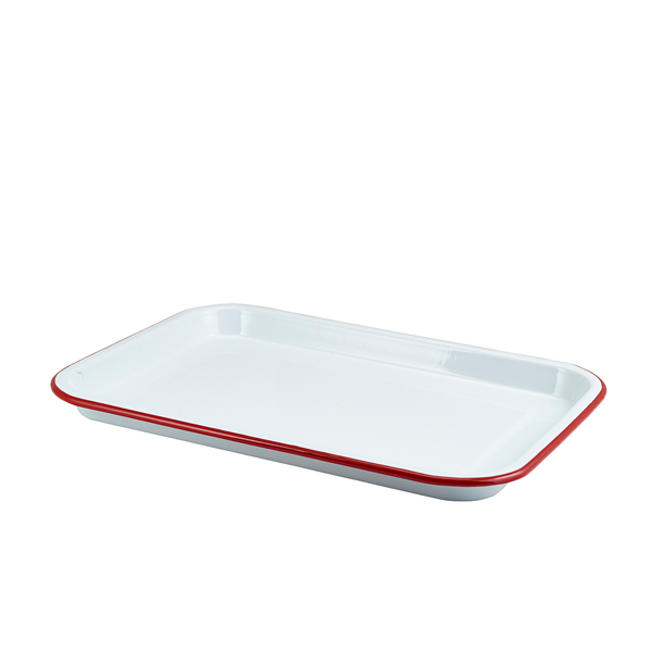 Plateau de service en émail, blanc avec bord rouge - 33,5x23,5x2,2cm