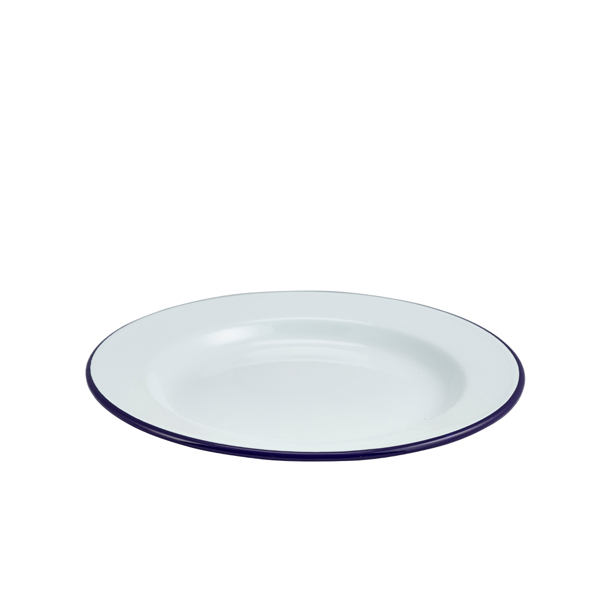 Assiette en émail, blanche avec bord bleu - 26 cm