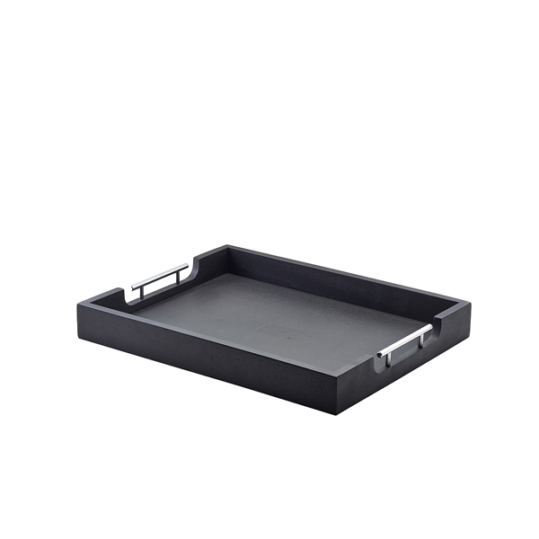 Plateau de service avec poignées métalliques, bois d'acacia noir - 50 x 39,5 x 6 cm Plateau de service avec poignées métalliques, bois d'acacia noir - 50 x 39,5 x 6 cm