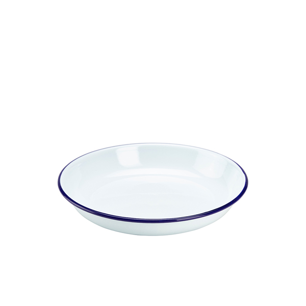 Assiette creuse en émail / assiette à pâtes, blanche avec bord bleu - 22 cm Assiette creuse en émail / assiette à pâtes, blanche avec bord bleu - 22 cm