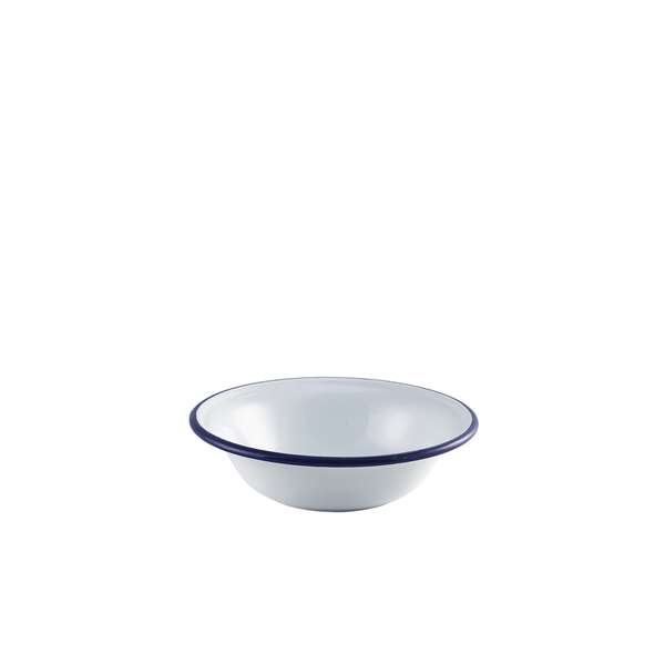 Écuelle en émail, blanche avec bord bleu - 16 cm Écuelle en émail, blanche avec bord bleu - 16 cm