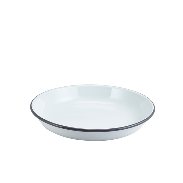 Assiette creuse en émail / assiette à pâtes, blanche avec bord gris - 24 cm Assiette creuse en émail / assiette à pâtes, blanche avec bord gris - 24 cm