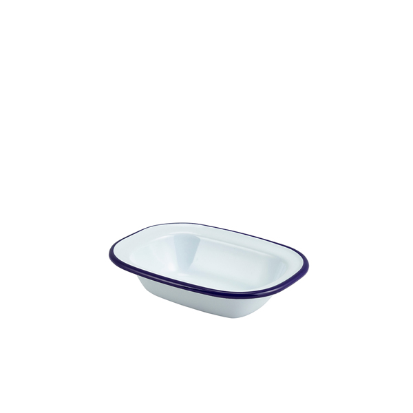 Saladier en émail, rectangulaire, blanc avec bord bleu - 16x12cm (12 pièces) Saladier en émail, rectangulaire, blanc avec bord bleu - 16x12cm (12 pièces)