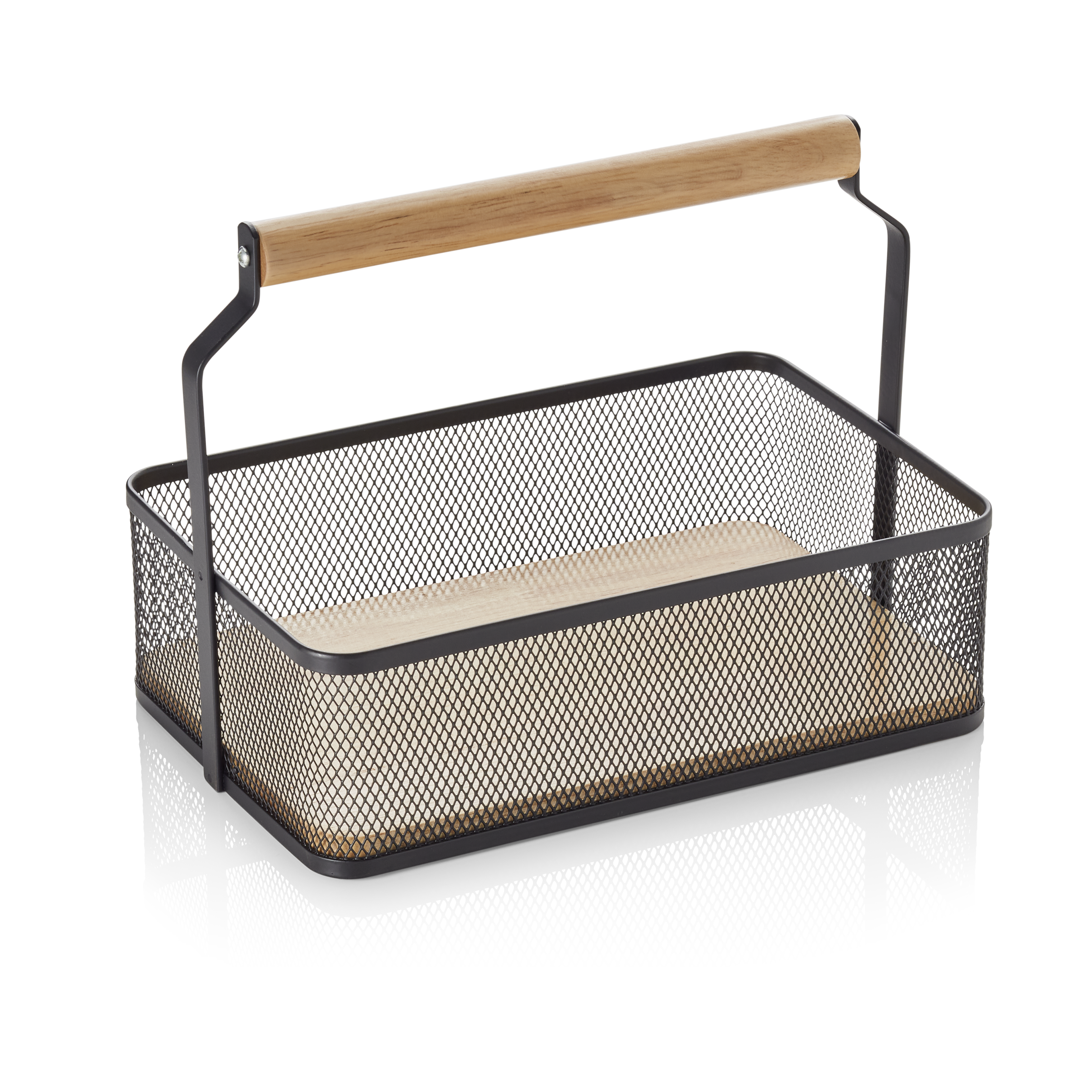 Table Caddy / panier en métal avec poignée en bois, 23,5x15,6x7,5cm - noir