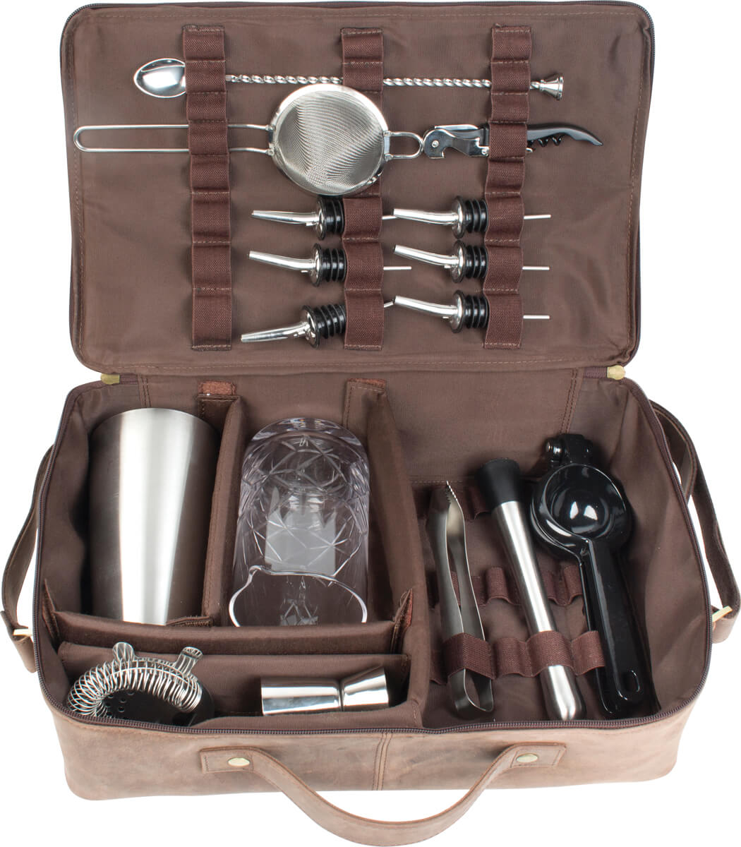 Sac de barman en cuir, marron, Prime Bar - avec accessoires de bar (Basic)