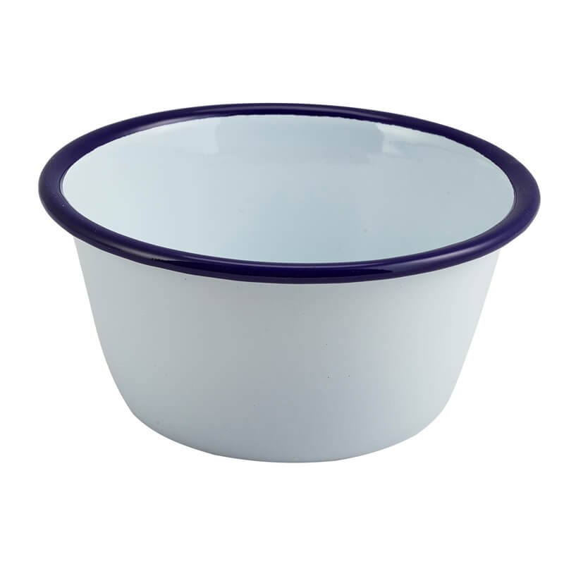 Bol en émail, blanc avec bord bleu - 500 ml (12 pièces) Bol en émail, blanc avec bord bleu - 500 ml (12 pièces)