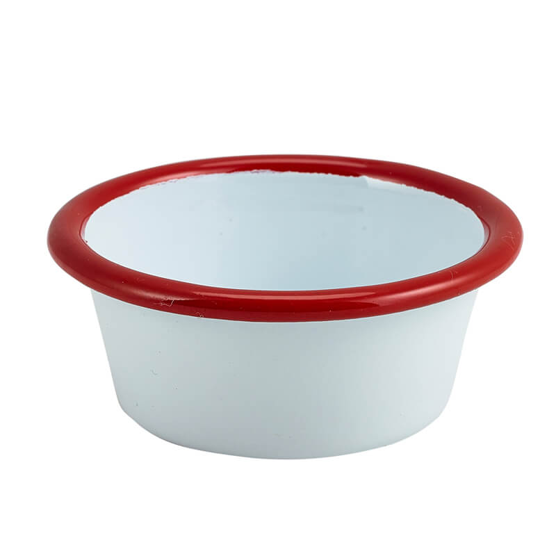 Coupelle à sauce émaillée 90 ml plate - blanche avec bord rouge (12 pièces)