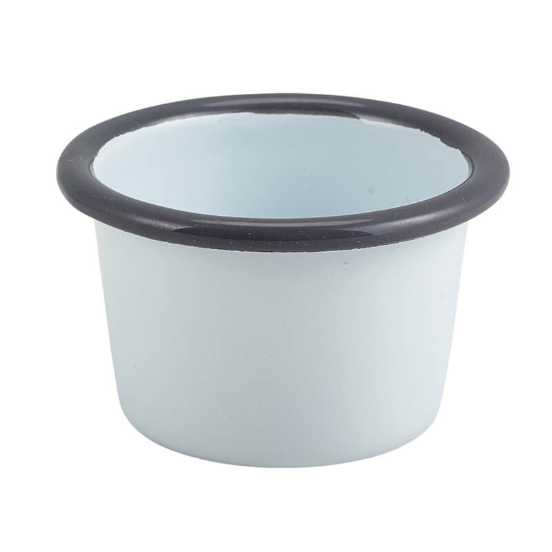 Coupelle à sauce émaillée 90 ml - blanche avec bord gris (12 pièces) Coupelle à sauce émaillée 90 ml - blanche avec bord gris (12 pièces)