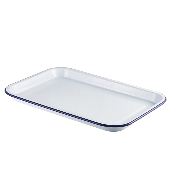Plateau de service en émail, blanc avec bord bleu - 38,2x26,4x2,2cm Plateau de service en émail, blanc avec bord bleu - 38,2x26,4x2,2cm