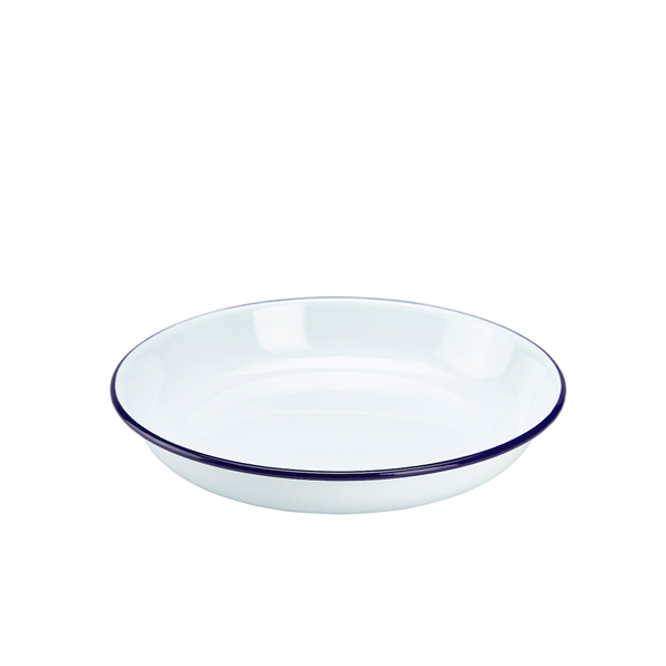 Assiette creuse en émail / assiette à pâtes, blanche avec bord bleu - 24 cm Assiette creuse en émail / assiette à pâtes, blanche avec bord bleu - 24 cm