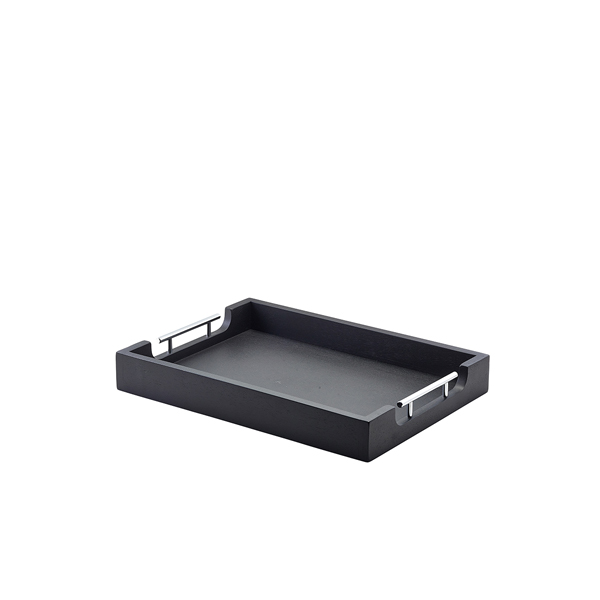 Plateau de service avec poignées métalliques, bois d'acacia noir - 45 x 33 x 6 cm