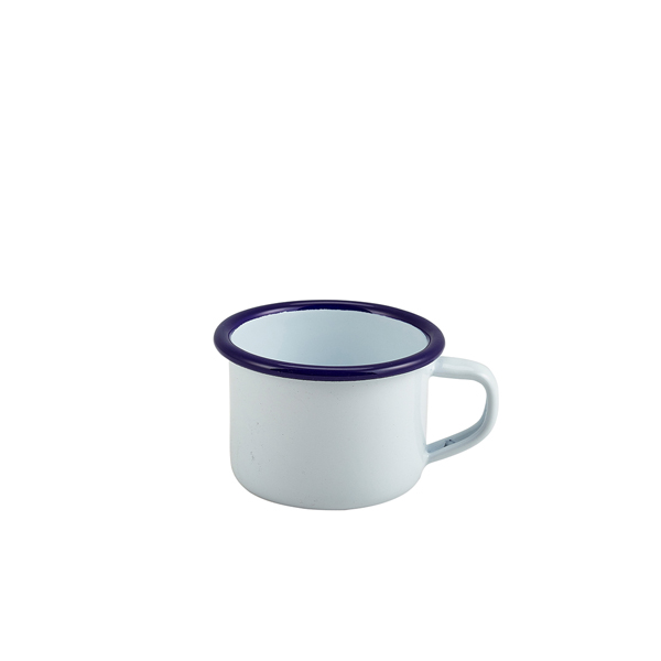 Tasse en émail avec anse, blanche avec bord bleu - 120 ml