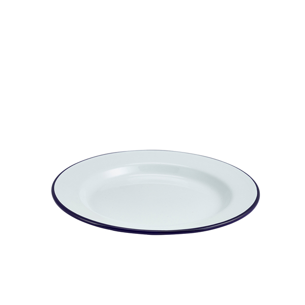 Assiette en émail, blanche avec bord bleu - 24 cm Assiette en émail, blanche avec bord bleu - 24 cm