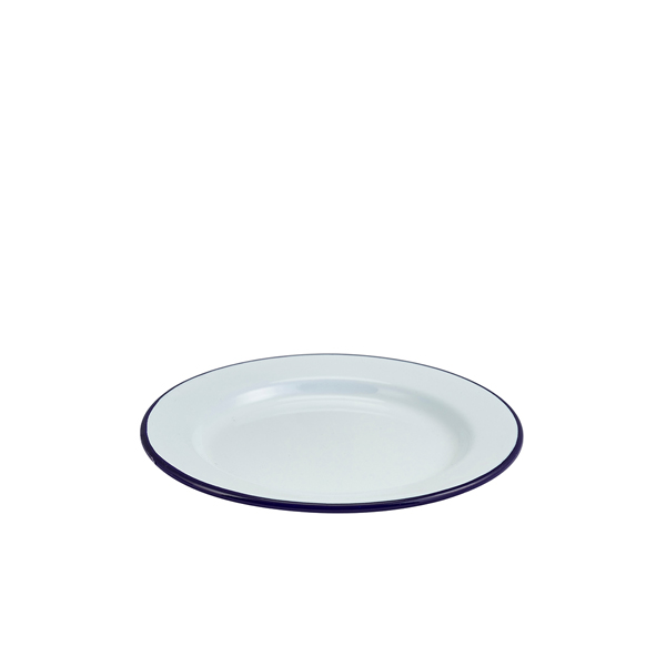 Assiette en émail, blanche avec bord bleu - 20 cm Assiette en émail, blanche avec bord bleu - 20 cm