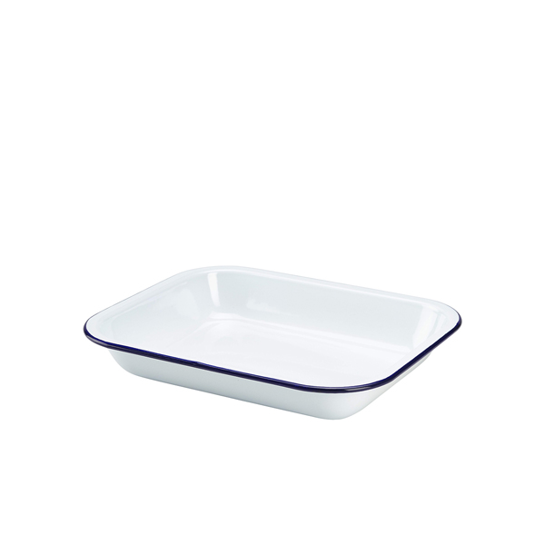 Plat à gratin en émail, blanc avec bord bleu - 28 x 23 x 4,5 cm Plat à gratin en émail, blanc avec bord bleu - 28 x 23 x 4,5 cm