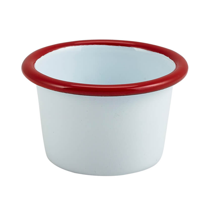 Coupelle à sauce émaillée 90 ml - blanche avec bord rouge (12 pièces) Coupelle à sauce émaillée 90 ml - blanche avec bord rouge (12 pièces)