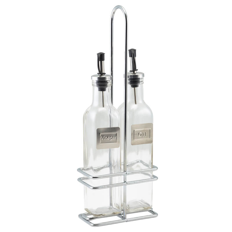 Bouteilles à huile et vinaigre avec support - verre, métal Bouteilles à huile et vinaigre avec support - verre, métal