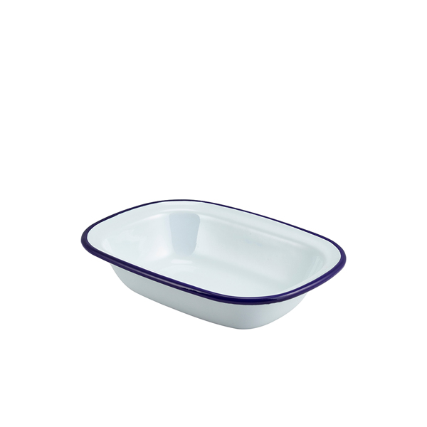 Écuelle en émail, rectangulaire, blanche avec bord bleu - 20 x 15 x 4,5 cm (12 pièces) Écuelle en émail, rectangulaire, blanche avec bord bleu - 20 x 15 x 4,5 cm (12 pièces)
