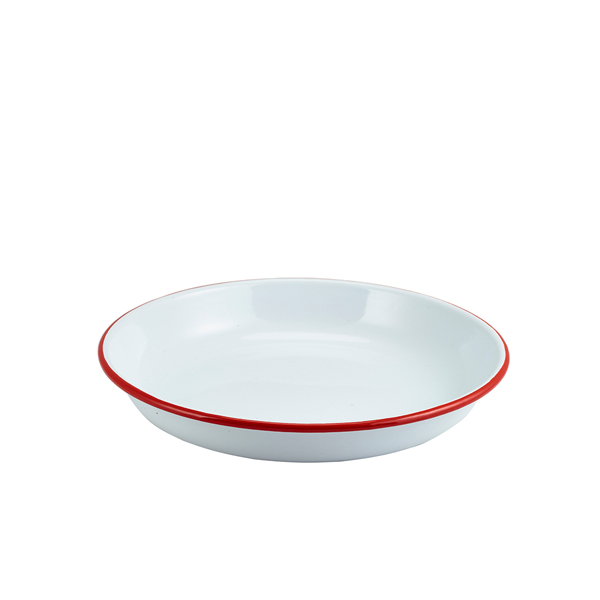 Assiette creuse en émail / assiette à pâtes, blanche avec bord rouge - 24 cm Assiette creuse en émail / assiette à pâtes, blanche avec bord rouge - 24 cm