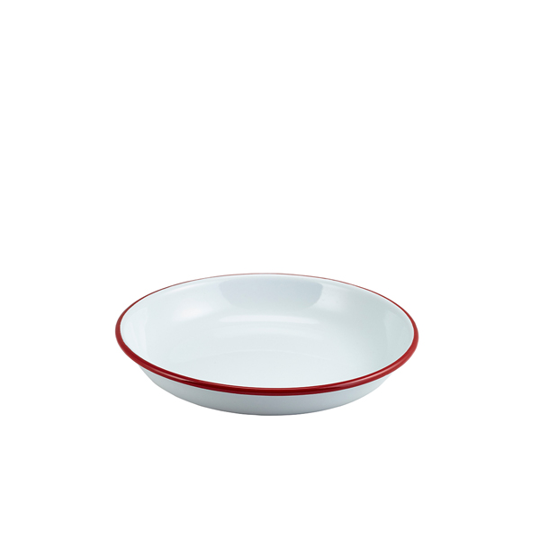 Assiette creuse en émail / assiette à pâtes, blanche avec bord rouge - 20 cm Assiette creuse en émail / assiette à pâtes, blanche avec bord rouge - 20 cm