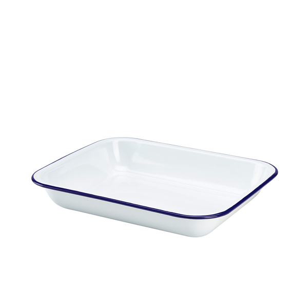 Plat à gratin en émail, blanc avec bord bleu - 31 x 25 x 5 cm Plat à gratin en émail, blanc avec bord bleu - 31 x 25 x 5 cm