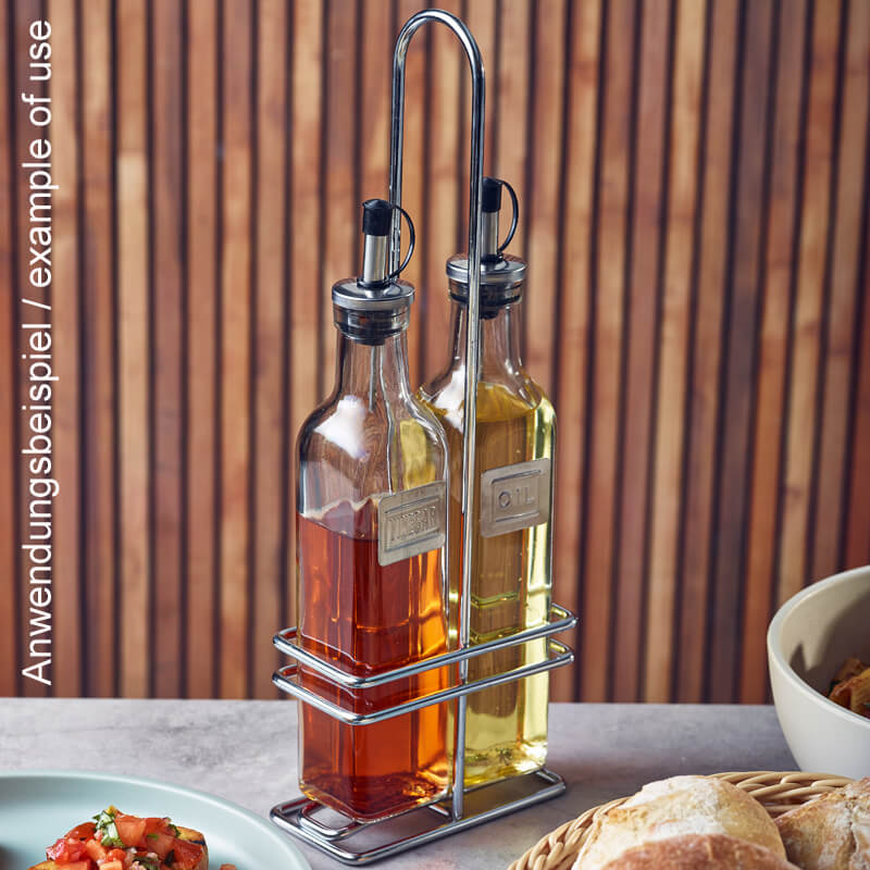 Bouteilles à huile et vinaigre avec support - verre, métal