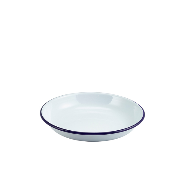 Assiette creuse en émail / assiette à pâtes, blanche avec bord bleu - 20 cm Assiette creuse en émail / assiette à pâtes, blanche avec bord bleu - 20 cm