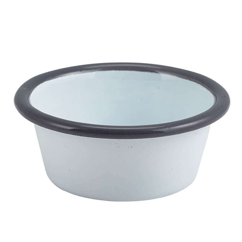 Coupelle à dip émaillée 90 ml plate - blanche avec bord gris (12 pièces) Coupelle à dip émaillée 90 ml plate - blanche avec bord gris (12 pièces)