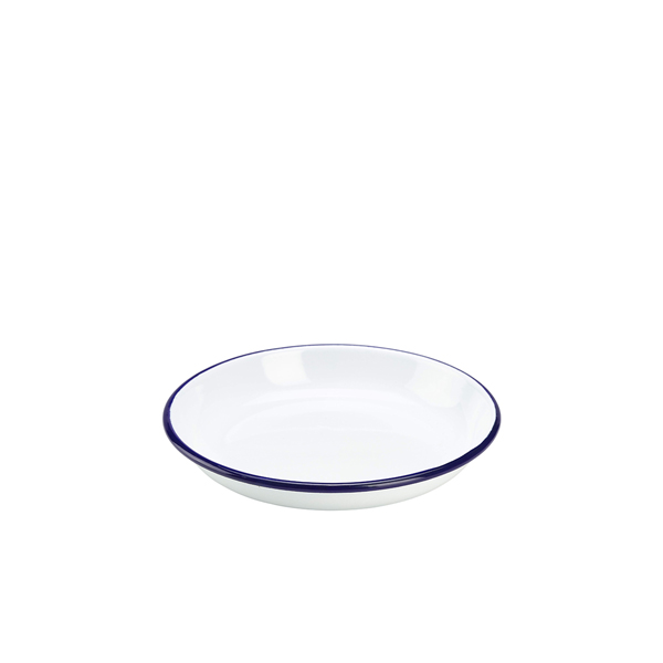 Assiette creuse en émail / assiette à pâtes, blanche avec bord bleu - 18 cm